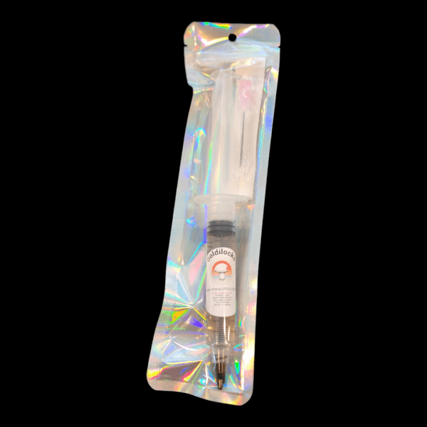 image of goldilocks isolated syringe product in Mylar with an 18-gauge Luer lock needle