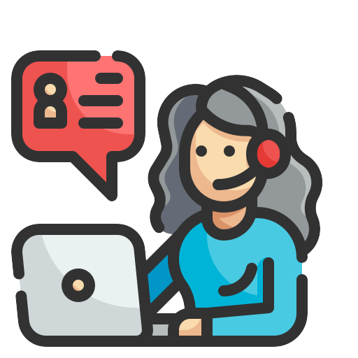 Customer service representative icon behind computer with headset on.