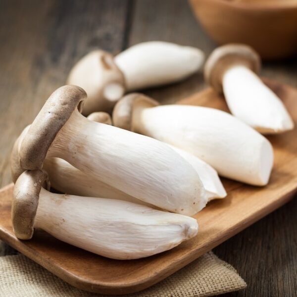 King oyster mushroom, on wood plate