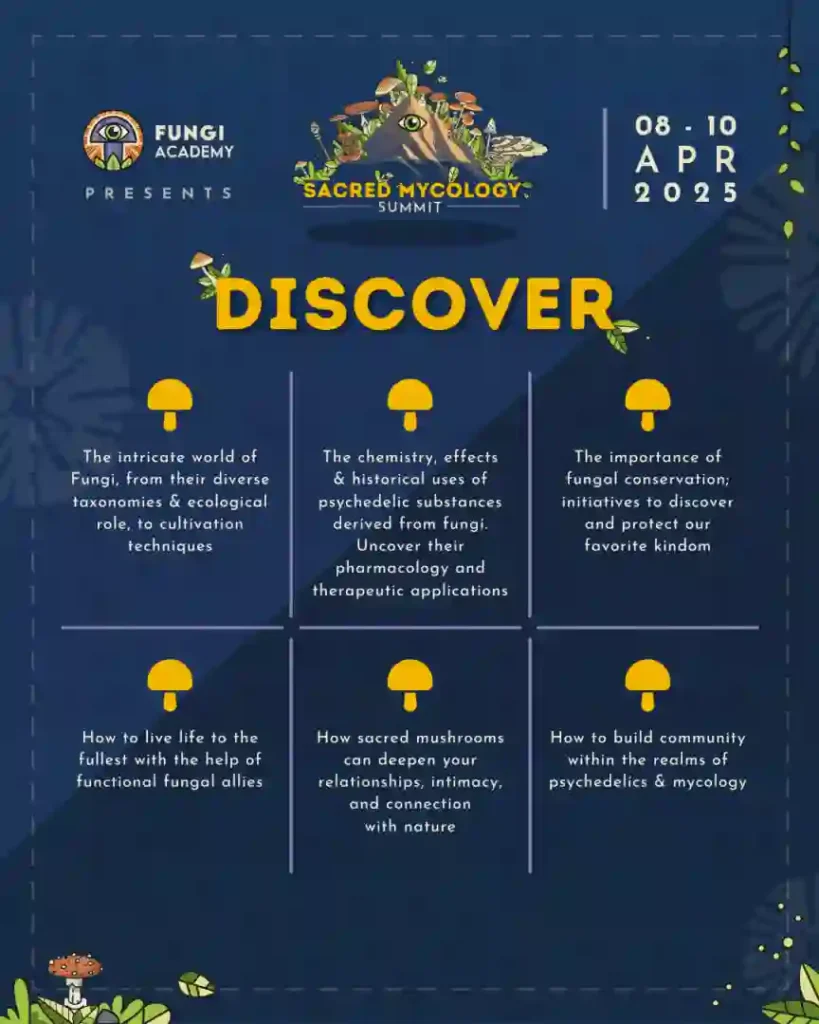 Discover Fungi Academy poster of what you learn at the Sacred Mycology Summit